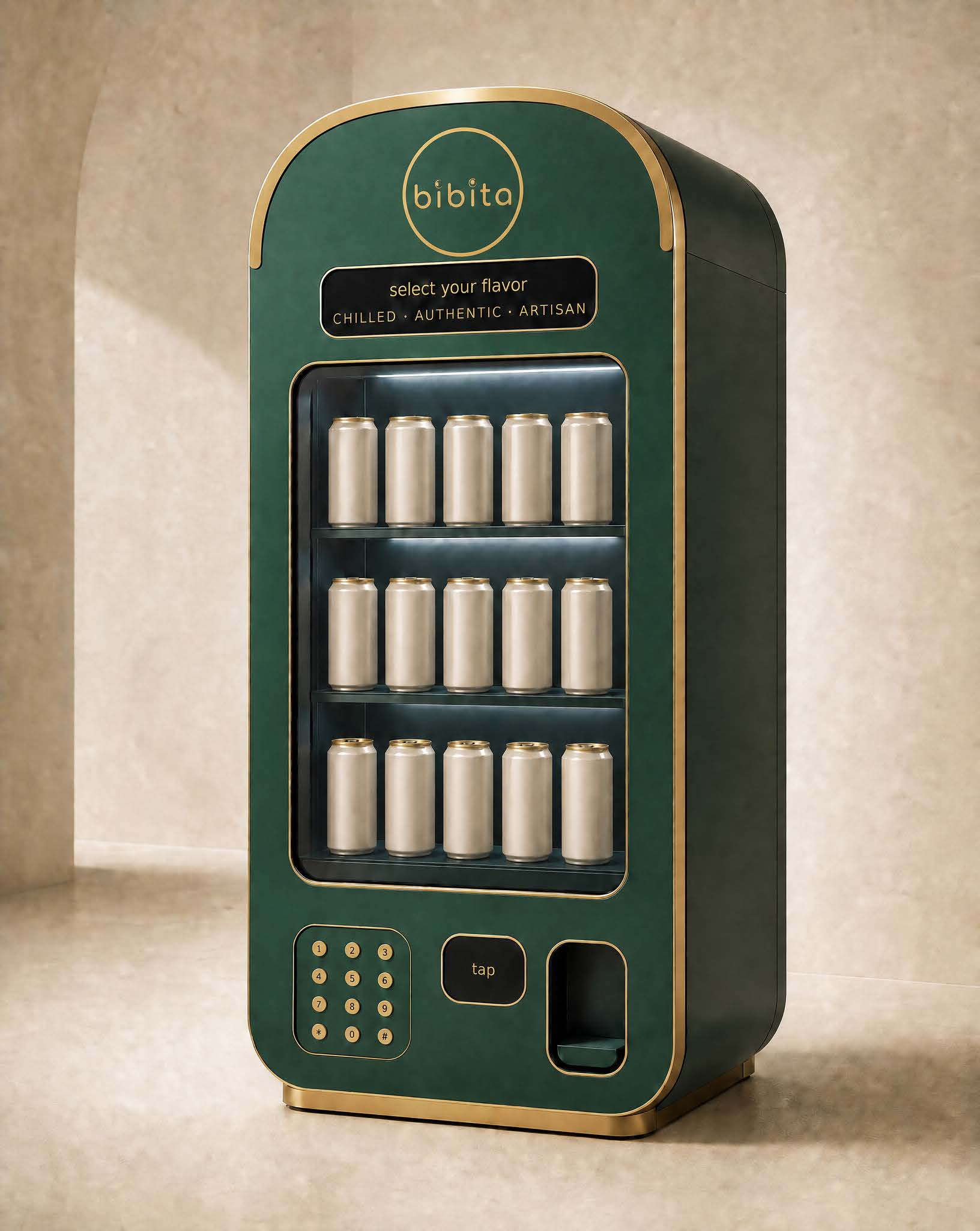 Bibita vending machine in verde finish, gold trim, stocked with Italian beverages